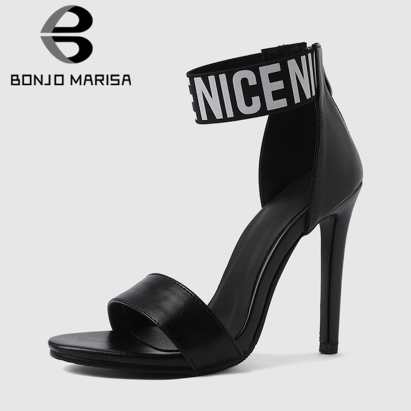 

BONJOMARISA 2019 New Big Size 32-43 Elegant Letters High Heels Summer Sandals Women Concise Black Summer Breathable Shoes Woman