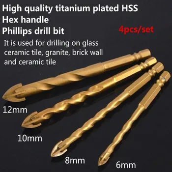 

YOFE 4pcs Twist Drill Bit Set for Tungsten Carbide Glass Titanium plated Hex headle HSS Cross Spear phillips Head Drill Bits