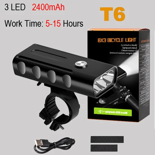 NEWBOLER 5200mAh Bike Light Kit T6 L2 Flashlight For Bicycle 2400 Lumen Led Lantern USB Headlight Mount Bracket Cycle Fornt Lamp - Цвет: T6 5 hours  3 LED