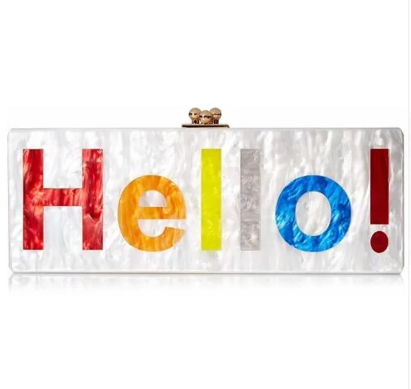

[Telastar] Pearl White Acrylic Bag Colorful Letter Hello Print Name Bag Chic Personal Acrylic Purse Bags Evening Lady Clutch