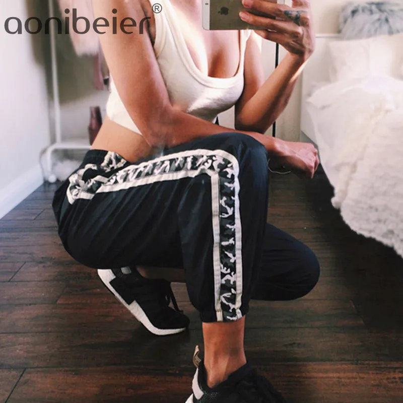 

Aonibeier Joggers Spring Autumn Women Trousers Camouflage Taping Side High Waist Track Pants Black Harem Pants with Pockets