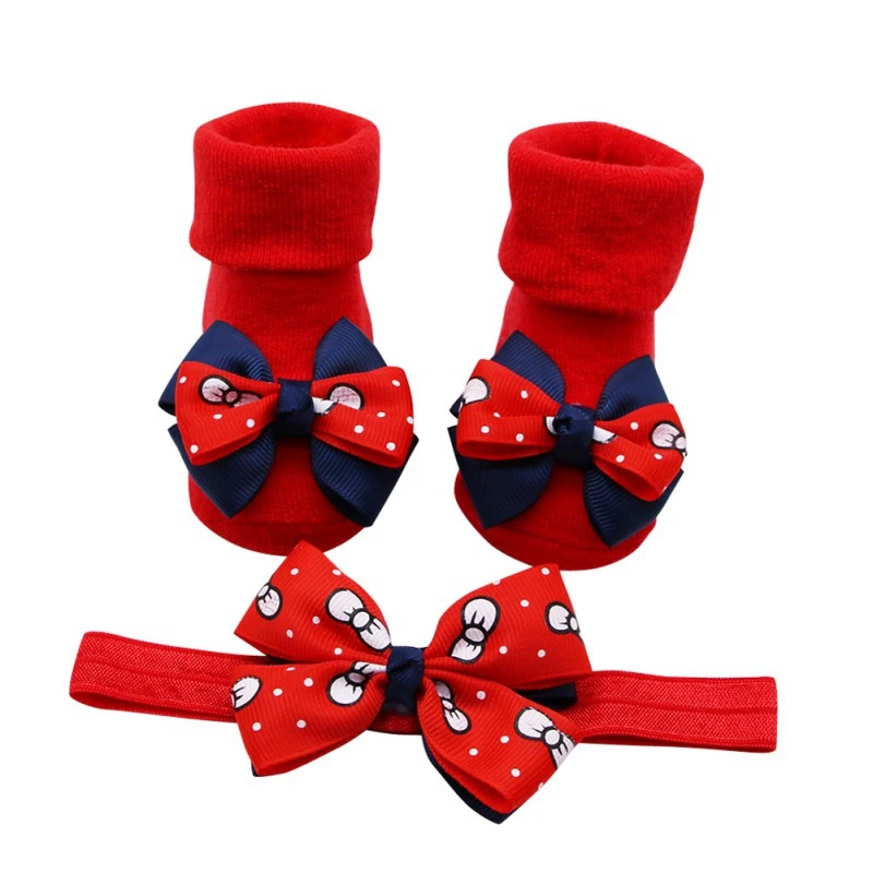 2PCS/Set Baby Socks For Girl Bebe Toddler Newborn Sock+ Bow Headband Infant Anti Slip Cotton Socks Glue Birthday Sock 0-1Years - Цвет: B