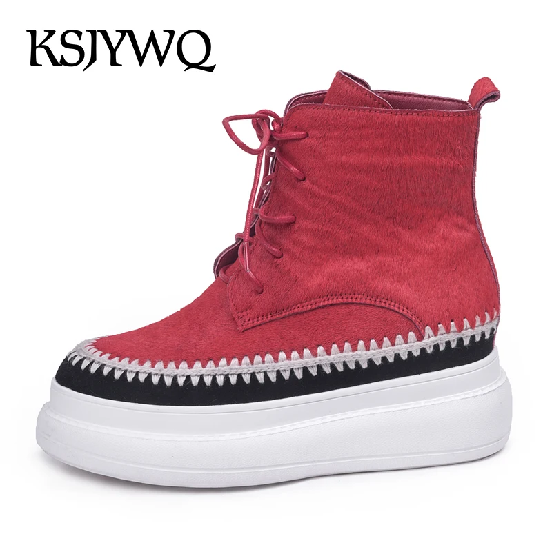 

KSJYWQ Yellow Leather Women Ankle Shoes 5 CM Thick Soles Platform Boots Lace-up Winter Casual Boot for Woman Box Packing 1151