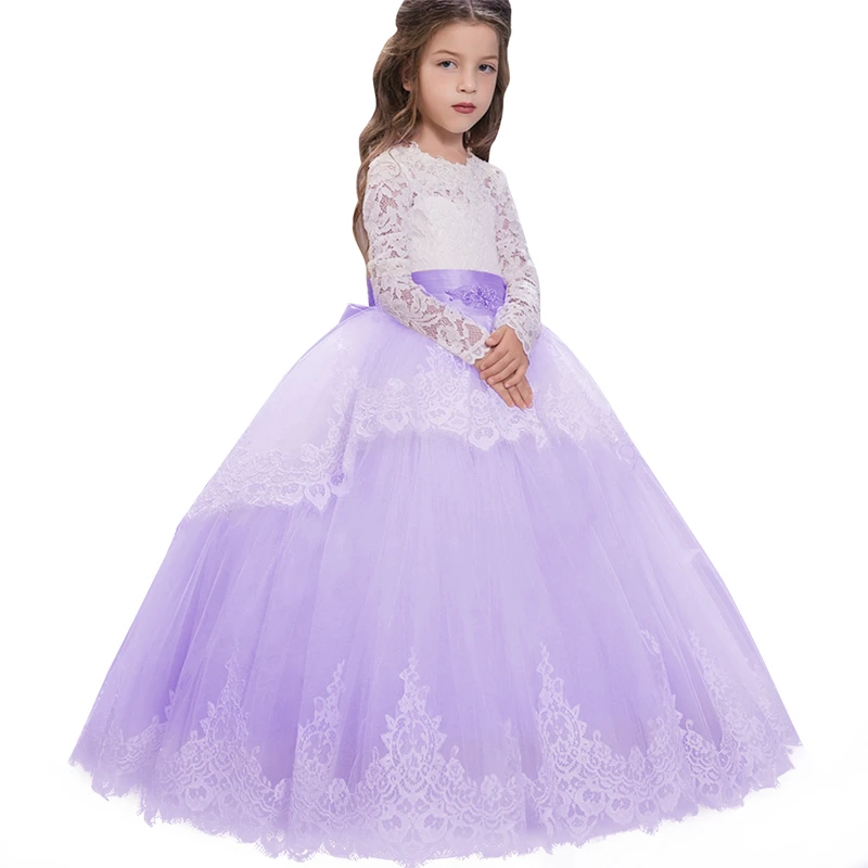 Элегантное платье для девочек; Пышное Бальное платье из тюля для маленьких детей; винтажное платье принцессы для свадебной вечеринки; кружевные Детские платья - Цвет: Purple A