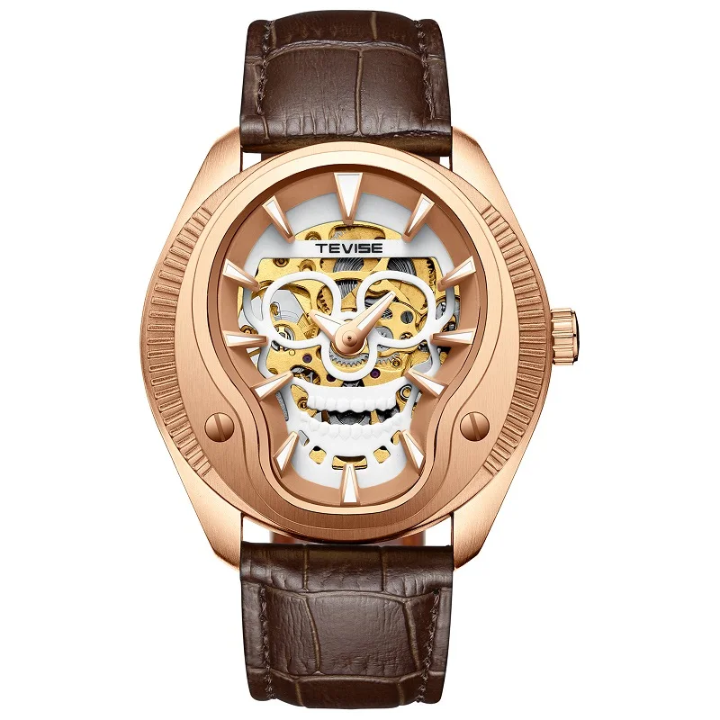 Мужские часы Автоматические TEVISE T853 часы для мальчиков Мужские автоматические часы сильные светящиеся водонепроницаемые часы механические кожаные мужские часы - Цвет: Rose Gold