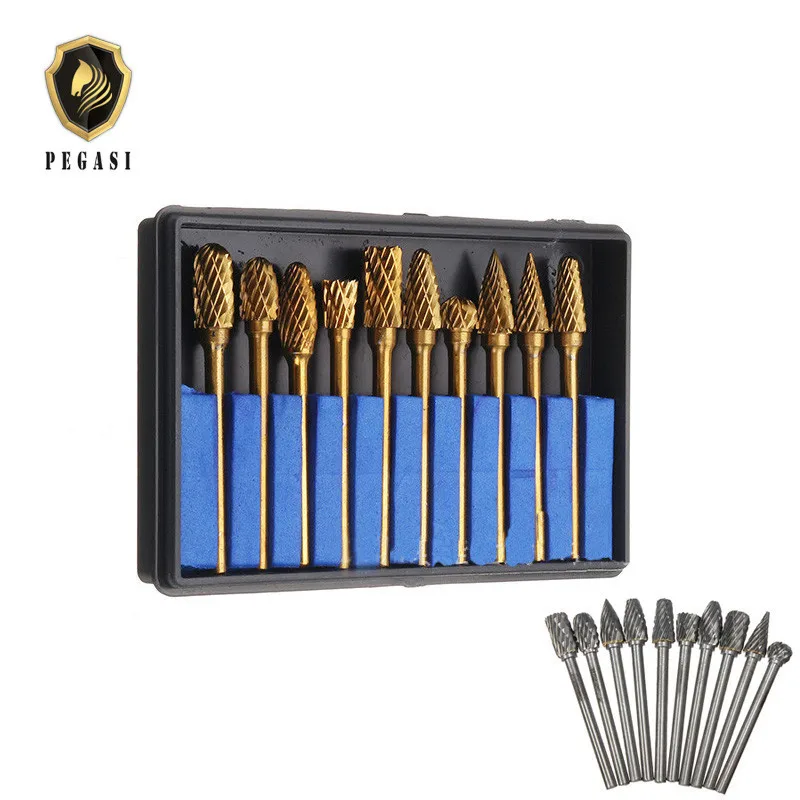 PEGASI 10pcs 3x6mm Tungsten Carbide Drill Engraving Bits Set For Metal Burr Tungstenio CNC Milling Cutter Dremel Mini Cone