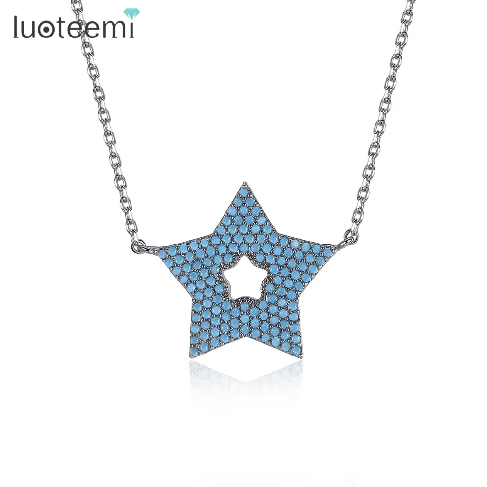 

LUOTEEMI Cute Shining Blue Stone Star Pendant Inly Cubic Zirconia Gun Black Rhodium Plated Necklace for Women Girl Party Jewelry