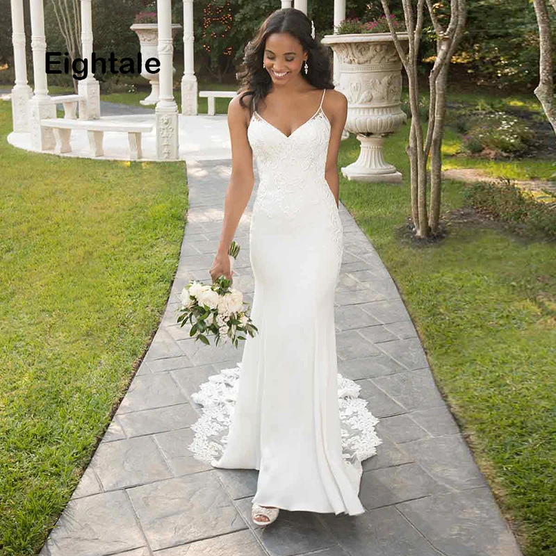 

Eightale Mermaid Wedding Dresses Boho Appliques Lace Spaghetti Strap Backless Bride Dress Wedding Gowns vestido novia