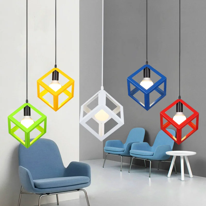 Industrial Wrought Iron Pendant Lamp Cube Triangle Drum Drop Lighting Retro Loft Pendant Light Indoor Lights Restaurant Dining Room Bar Home Light (48)