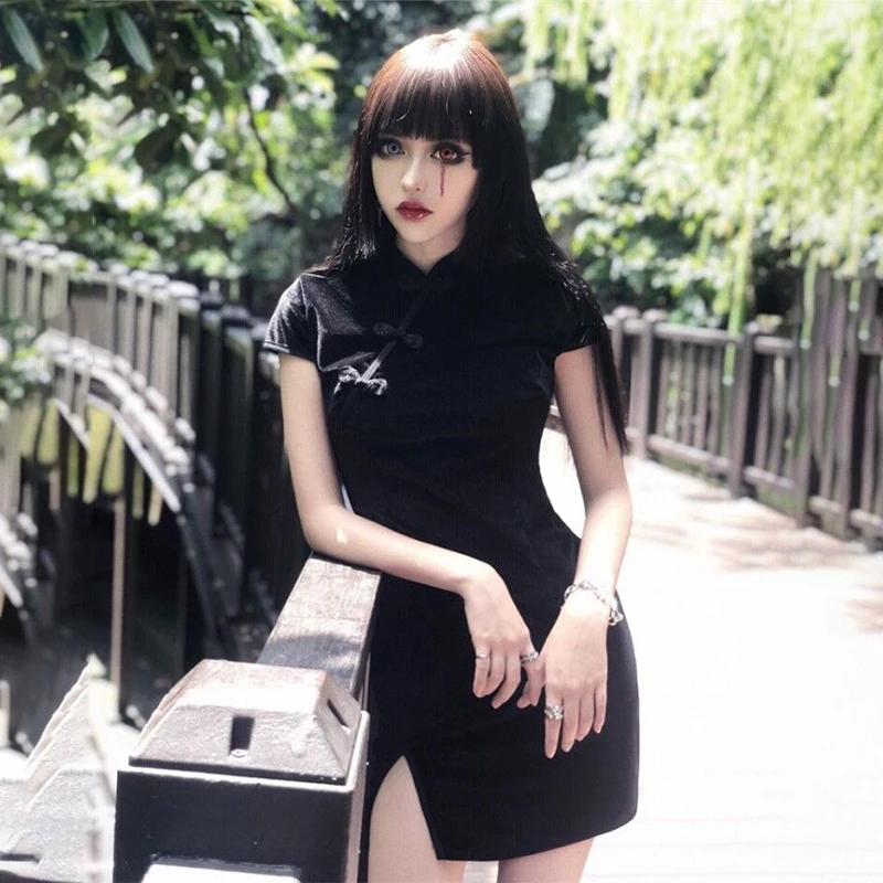Женское бархатное платье, китайское платье Чонсам Harajuku, сексуальное платье, летнее обтягивающее облегающее платье, готическое панк Черное розовое ретро платье, женское платье