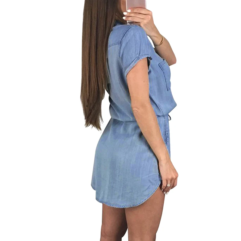Moda mujer Denim vestido Turn-down Collar manga corta vestido de las mujeres otoño 2018 botón cintura Correa Mini Jeans camisa vestido Ropa