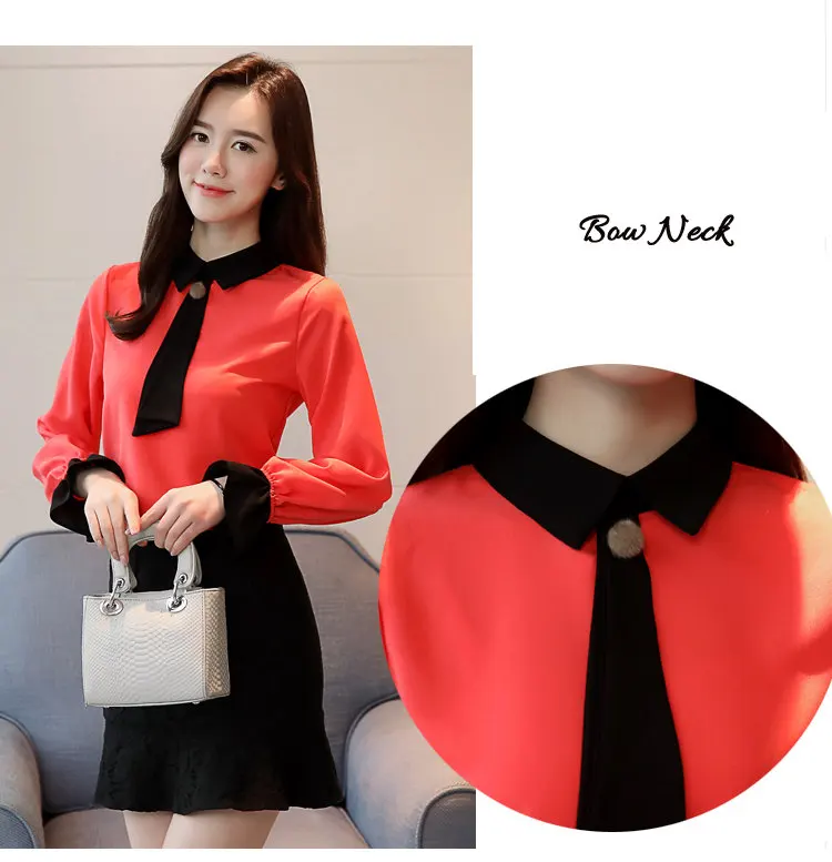 Women Blouses New 2019 Casual Autumn Shirt Elegant Bow Long Sleeve Tops Patchwork Chiffon Blusas Mujer OL Office Blouse (3)
