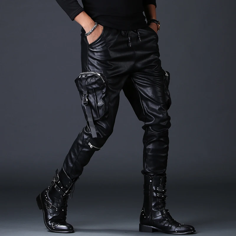 

men's luxury fashion fake zippers faux leather pants cargo harem PU leather pant young handsome slim fit motorcycle trousers man