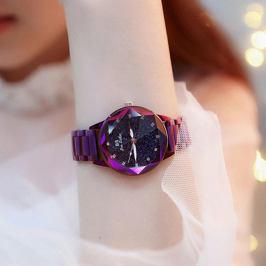 Starry Sky Watch Women Luxury Brand Crystal Watch Waterproof Quartz Clock Dress Ladies Watch Stainless Steel Wristwatch Purple
