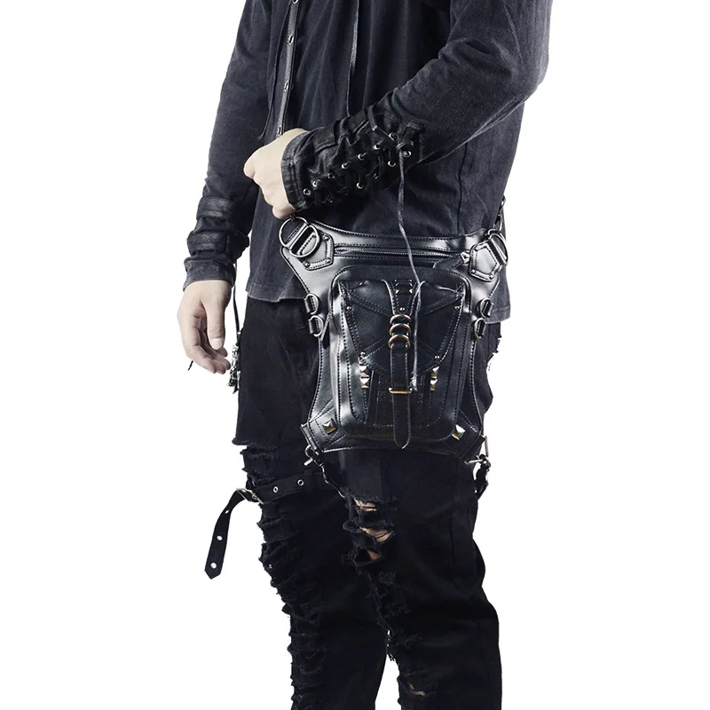 

2019 New Rivet Rock Mens Shoulder Bag Black Crossbody Messenger Waist Bag PU Leather Steam Punk Holster Drop Protected Purse