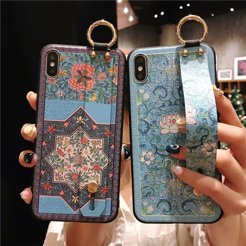 

Wrist Strap Soft TPU Phone Case For iphone 6 6s 7 8 plus Case For iphone X Xs max XR Flower embroidery Pattern Case
