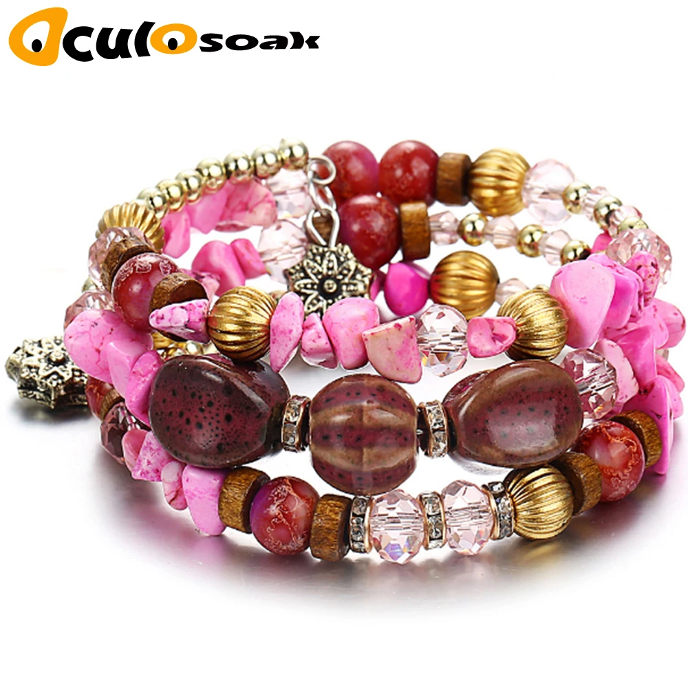 

Brand Woman Boho Multilayer Beads Charm Bracelets for Women Vintage Resin Stone Bracelets & Bangles Pulseras Ethnic Jewelry