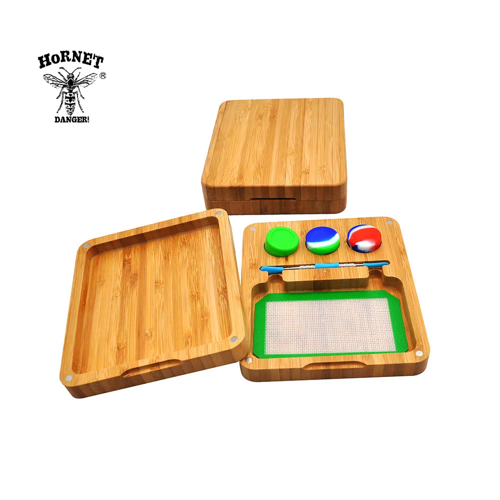 

HORNET Bamboo Rosin Storage Set -3 Oil Wax Jar +1 Stainless Steel Spoon +1 Silicone Baking Mat +1 Bamboo Magnet Rolling Tray