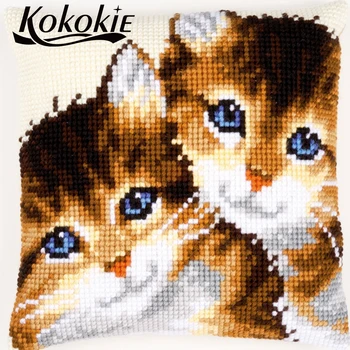 

3d embroidered mats cats pattern printed throw pillow case cotton embroider Needlework kits handicraft cross stitch pillow kits