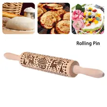 Classic Wood Rolling Pin with Easy Roll Bearings Embossed Christmas Deer Snowflake Kitchen Cooking Baking Tools Accessories 20E