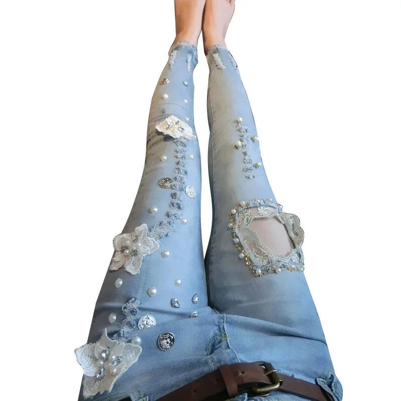 Сексуальные кружева ручной работы сверкающие бусины алмазные Стразы Гибридный гвоздь рваные узкие женские джинсы