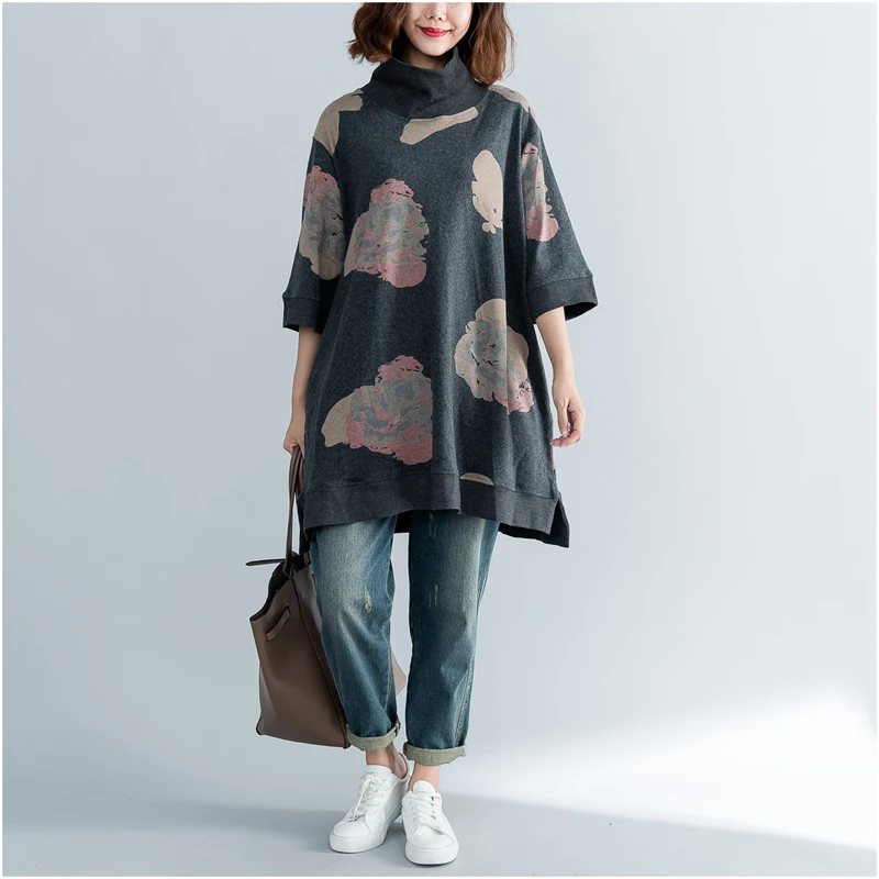  Plus Size Turtleneck Hoodies Long Sweatshirt Women Half Sleeve Print Autumn Tops Cotton Hoodie Loos