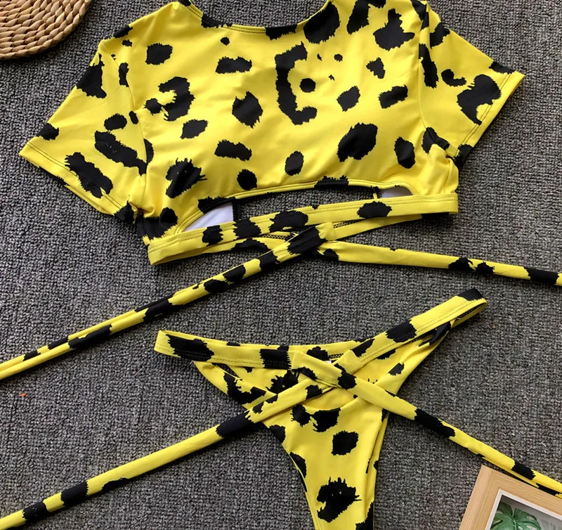 Леопардовый желтый бикини укороченный Топ короткий рукав пикантный женский купальник выдалбливают пуш-ап купальники пляжная одежда для женщин купальный костюм