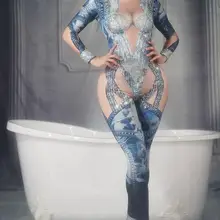 Джинсовый комбинезон с узором, стразы, сексуальный костюм для женщин, для сцены, танцев, стрейчевый комбинезон, одежда для ночного клуба