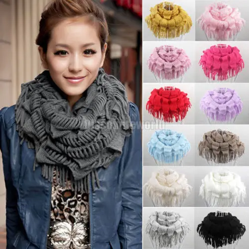 

2017 Cheap Girls Warm Scarfs Winter Solid Color Knit Fringe Tassel Neck Wraps Circle Snood Ring Scarf Shawl For Women W2