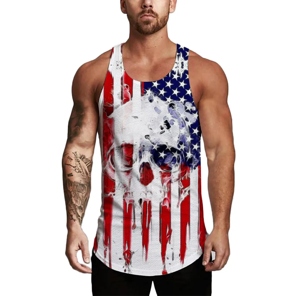 

Men's Sleeveless Shirt Independence Day Printing Mesh Breathable Bodybuilding Personality Slim Daily Casual Sport Vest#LR1