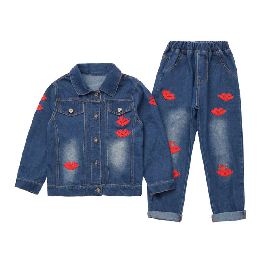 Осенняя джинсовая одежда для девочек, куртка с вышивкой+ джинсы, модный Детский костюм, Весенняя подростковая одежда для девочек 6, 8, 12 лет