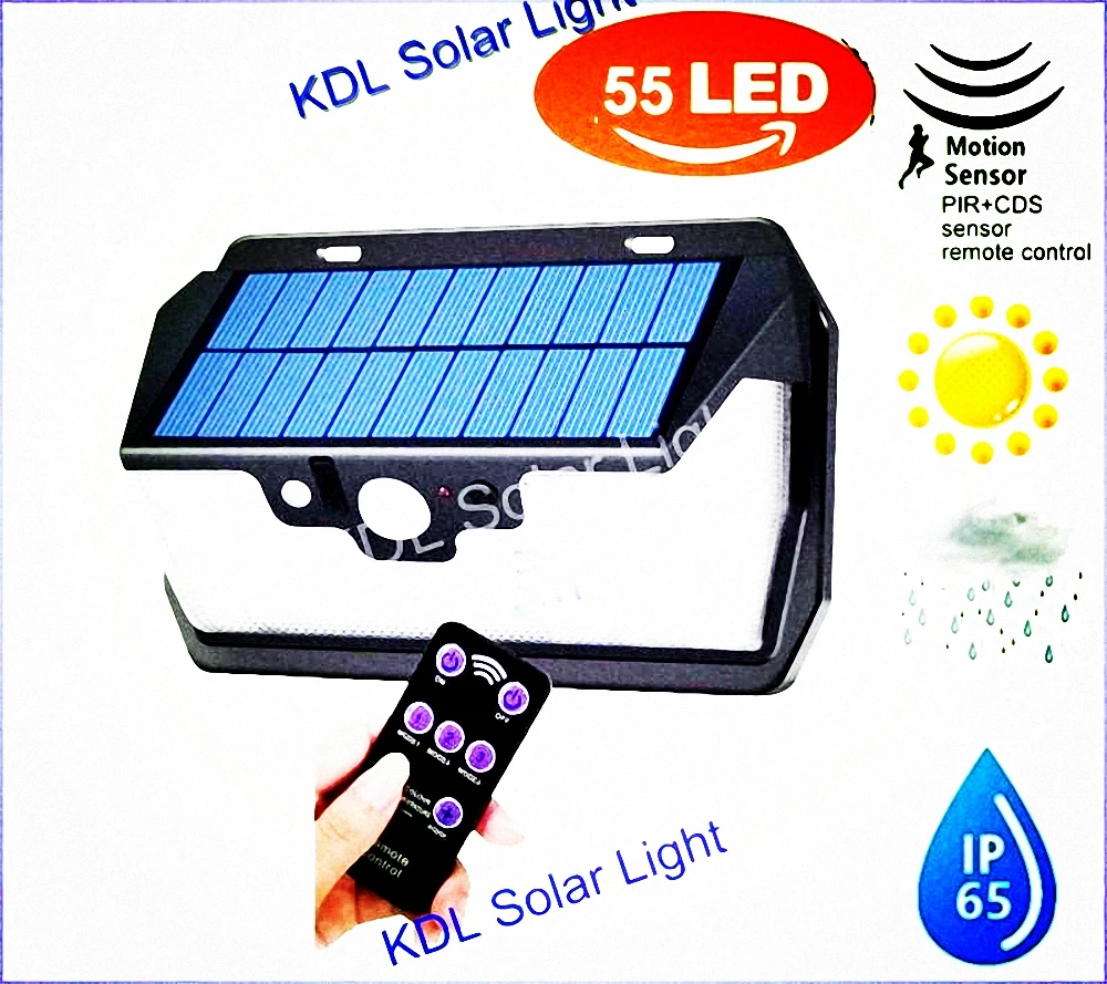 

55 LED 900lm Solar Light remote control radar smart 3 side lighting Microwave Radar Motion Se IP camp street wall lamp yard ca