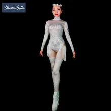 Кристиа Белла, сексуальный комбинезон, стразы, белые кристаллы, боди для женщин, для ночного клуба, вечерние, певицы, комбинезоны, джаз, одежда для сцены