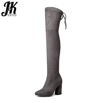 

JK Latest Big Size 34-43 Sexy Flock Woman Over the Knee Boot Thick High Heel Lady Long Boot Fashion Female Shoes Women