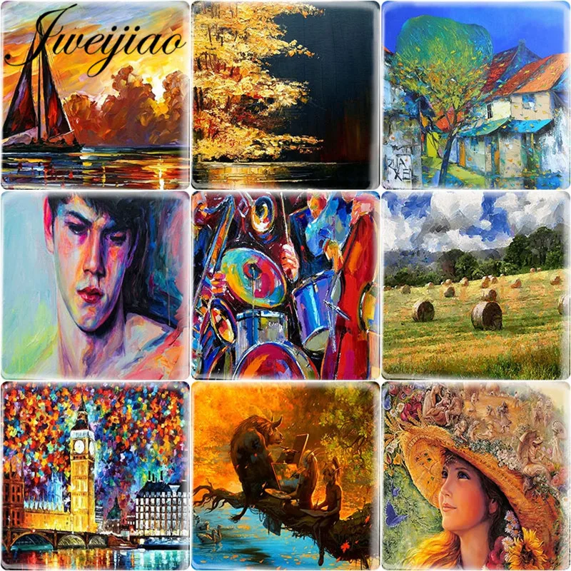 JWEIJIAO 5pcs/Lot Square Shape Colorful Landscape Abstract Art Painting Image Glass Cabochon Charms Accessories DIY Jewelry | Украшения и