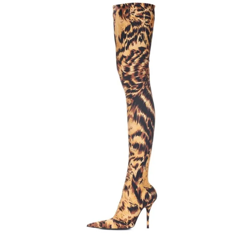 

Stretch Suede Women Thigh High Boots Stilettos Sexy Over the Knee Leopard Print Boots Pointy Toe High Heel Long Performance Boot