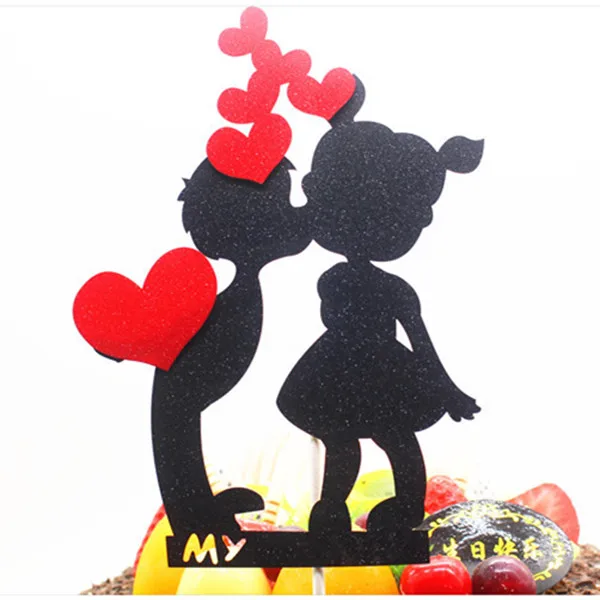 DIY Birthday Wedding Cake Topper Black With Red Hearts Flags Boy & Girl Birthday Party Cake Baking Decor Birthday Cake Flags