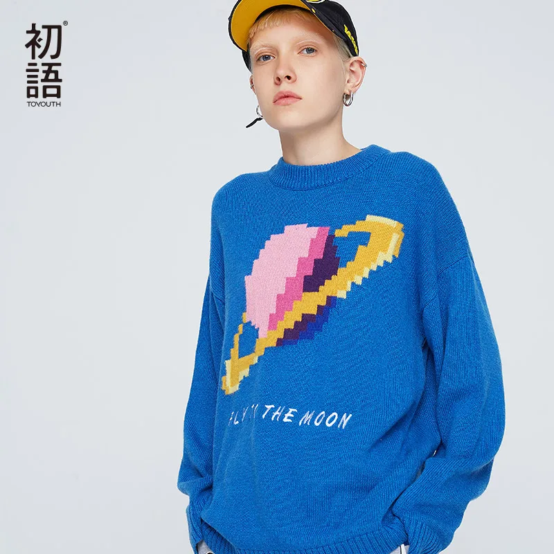 Cena Toyouth niebieski Patchwork kobiety swetry O Neck sweter z długim rękawem na co dzień list swetry ponadgabarytowych sweter Jersey Mujer topy