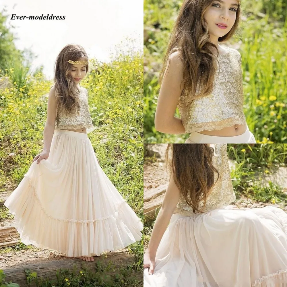 

Modest Two Pieces Flower Girl Dresses for Weddings 2019 Jewel Sequined A Line Long Little Girls First Communion Pageant Gowns