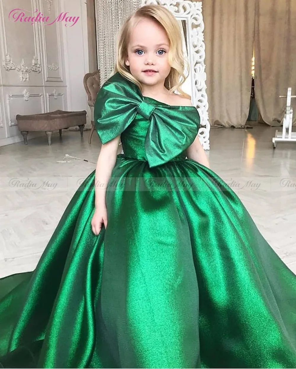 Изумрудно-зеленые платья с цветочным узором для девочек с большим бантом; бальное платье на одно плечо; Детские нарядные платья; платья для