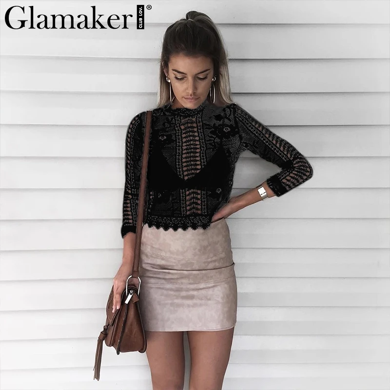 Glamaker, элегантная кружевная блузка, рубашка, сексуальная, открытая, блузка, рубашка, летняя, для женщин, рубашки, Цветочный, с длинным рукавом, на шнуровке, блузка