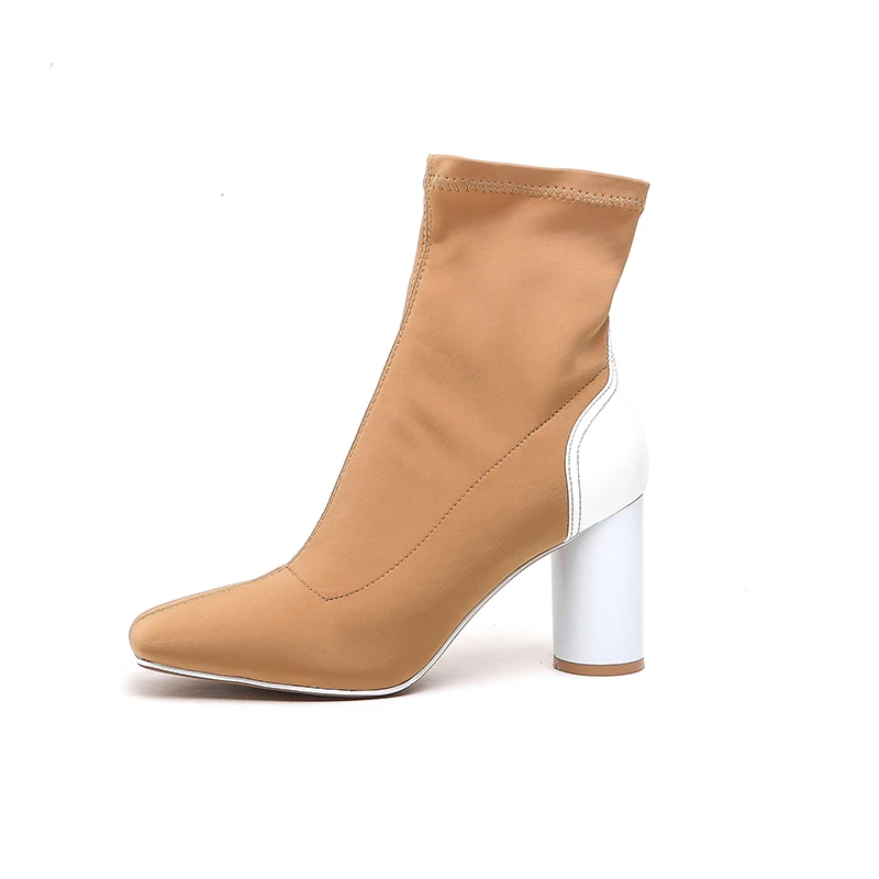 Qualité Talons Black Bottes Dames Stretch Sexy Slip Mode Automne Ville Cheville De Tissu Fun Hiver Haute Sur Chaussures Lycra apricot Femmes D92EHI