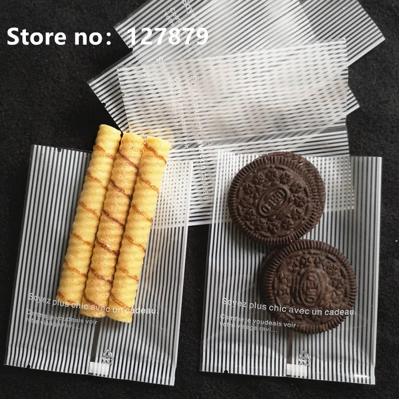 

100pcs 8.5x11cm Transparent White Stripe Heat Seal Cookie Packaging Bag for Bakery Gift Biscuits Candy Muffin Packing