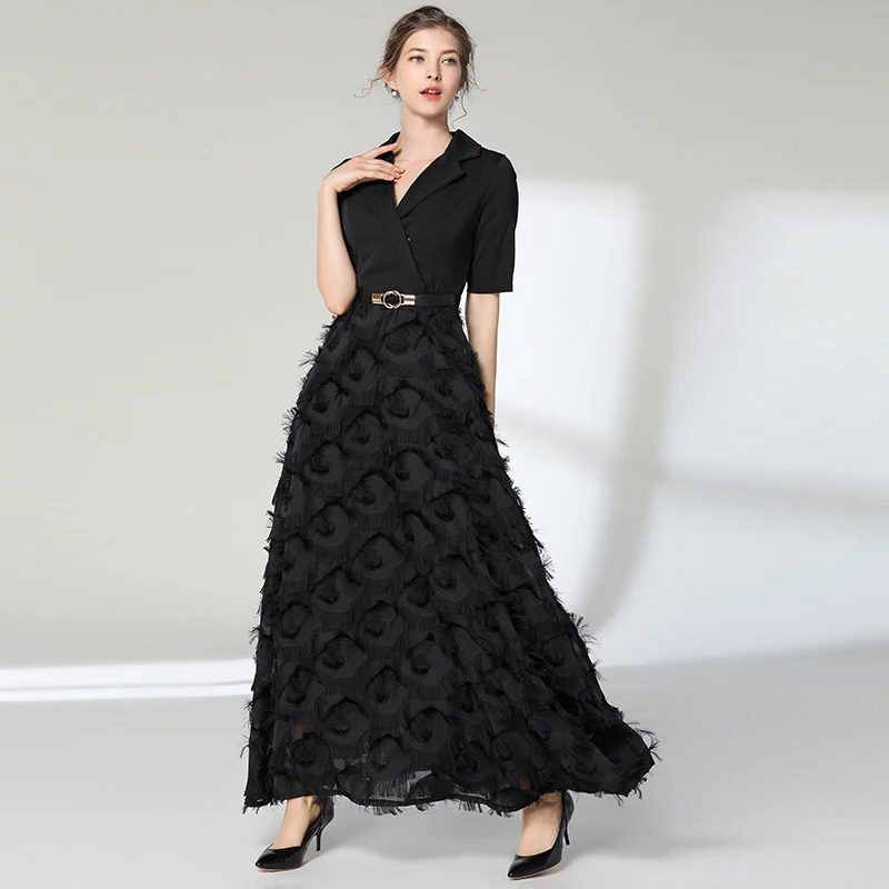 

2019 Spring Summer New Fashion short Sleeve Tassel Split Joint Ankle-length V- Neck Patchwork Women Long Dress