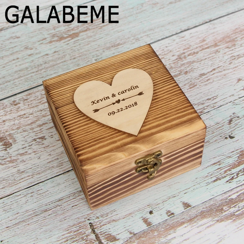 Galabeme Персонализированная винтажная Свадебная деревянная коробочка для кольца с 25 шт Сердце Дерево на заказ деревенское свадебное Ювелирное кольцо держатель коробки