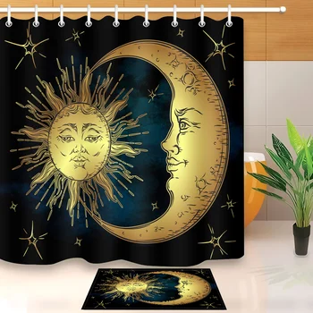 

LB Boho Chic Crescent the God Of Moon And Sun Stars Shower Curtain And Bath Mat Set Waterproof Bathroom Fabric For Bathtub Decor