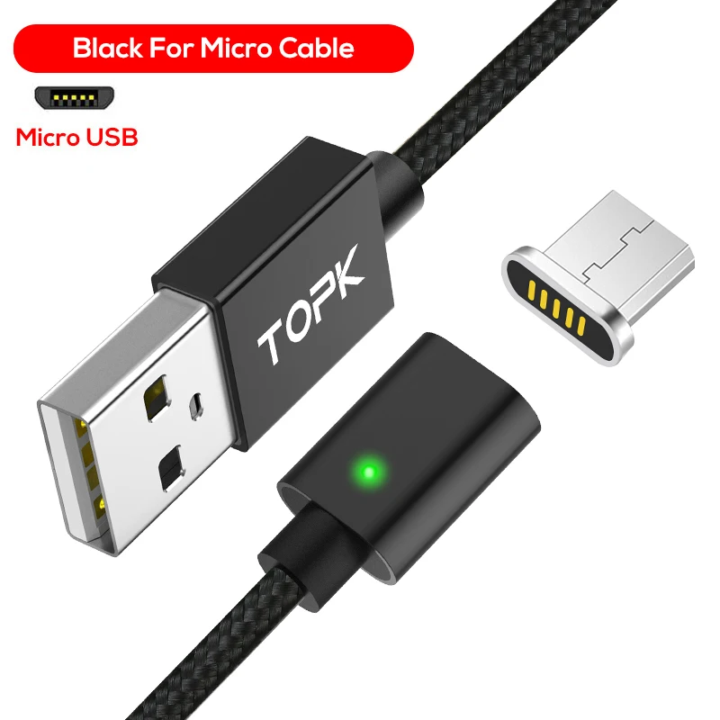 TOPK F-Line1 Магнитный Micro USB кабель со светодиодным индикатором обновленный нейлоновый плетеный кабель для синхронизации данных USB зарядный кабель для Micro USB порта - Цвет: Black Cable