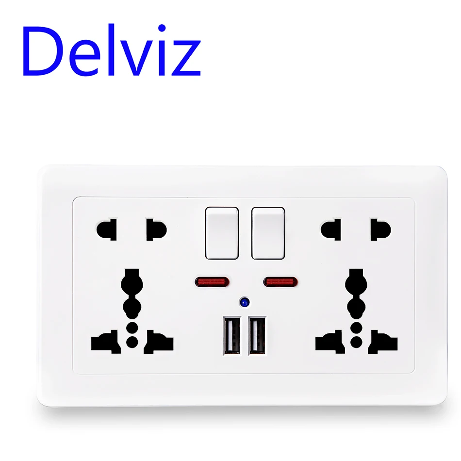Delviz USB charging socket, 2.1A Dual USB Port, AC 110-250V, 13A Wall-mounted Multi-functional USB power Universal 5 Hole Outlet