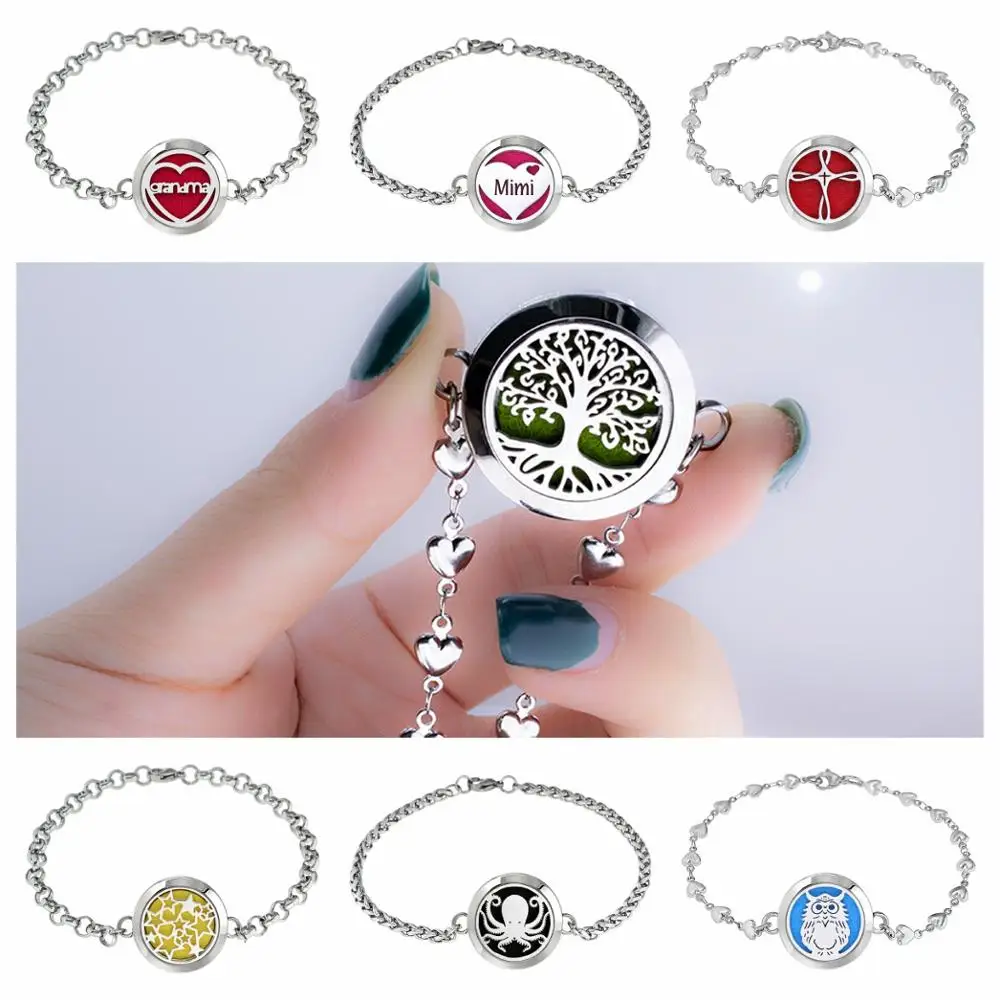 

Grandma owl cross Aroma Essential Oil Diffuser Locket Perfume Bracelet Stainless Steel 25mm locket chain Bracelet 10pads as gift