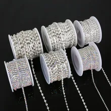 10 jardas cristal transparente/branco ab ss6 (2mm)-ss18 (4.5mm) base de prata estilo de costura roupa, acessórios de beleza diy corrente de strass